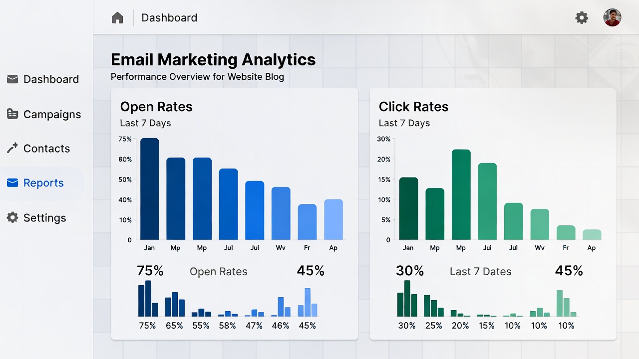 Screenshot of email marketing analytics showing open rates and click rates