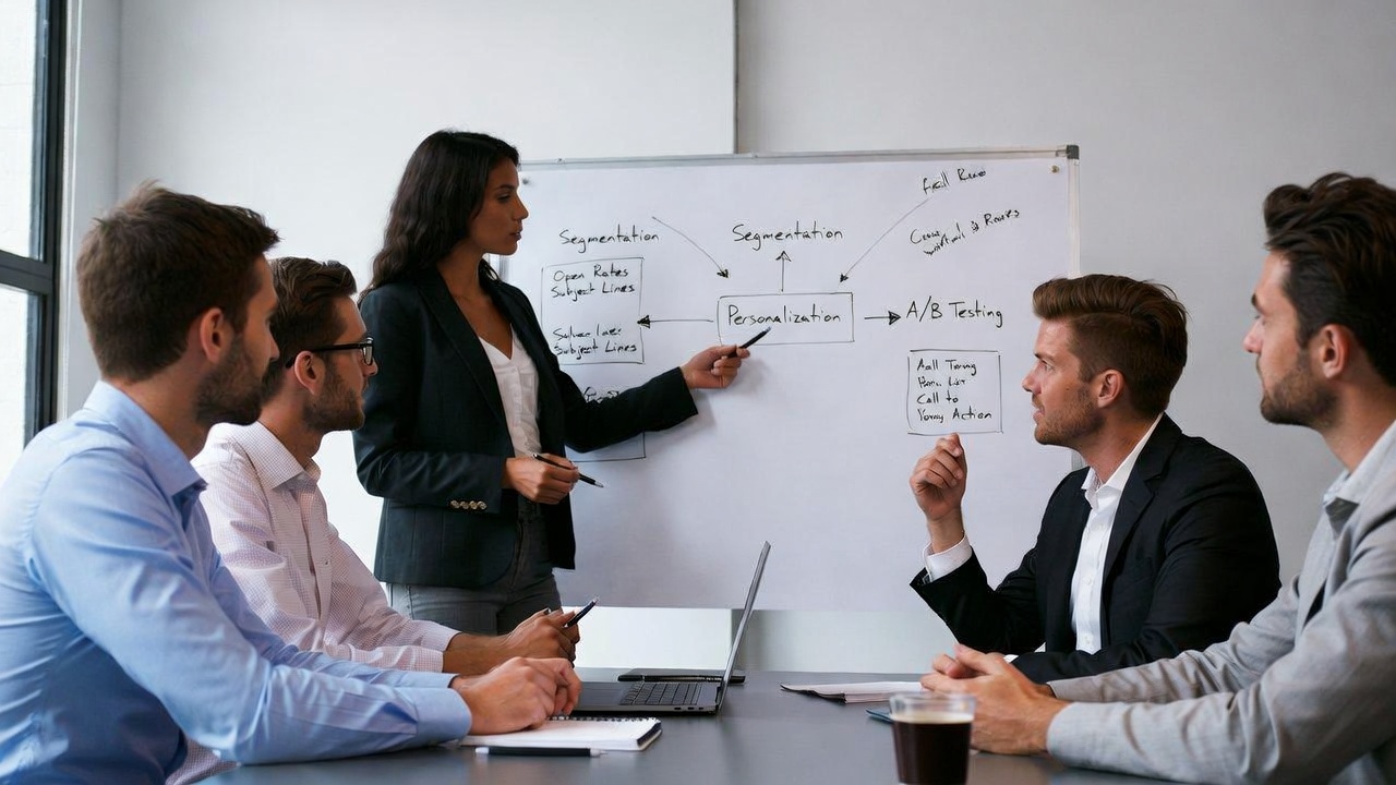 Marketing team discussing advanced email strategies on a whiteboard