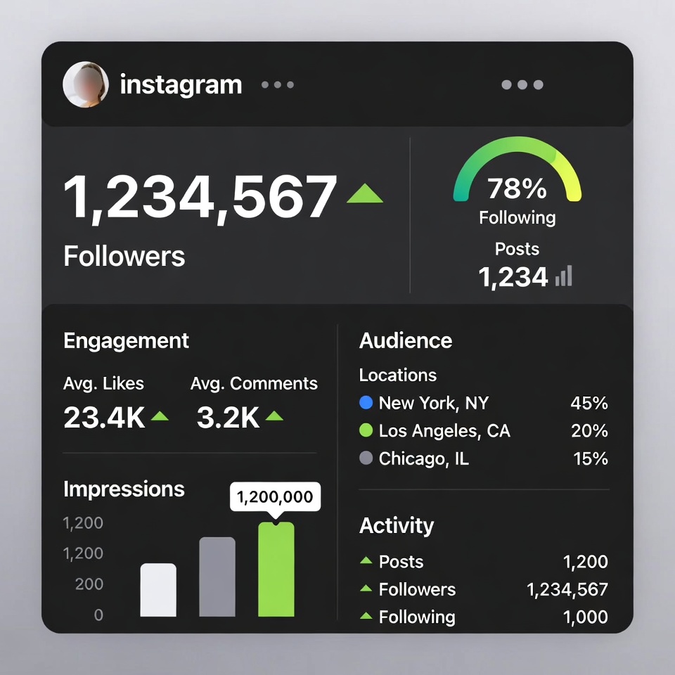 Instagram profile showing a massive increase in followers and engagement analytics