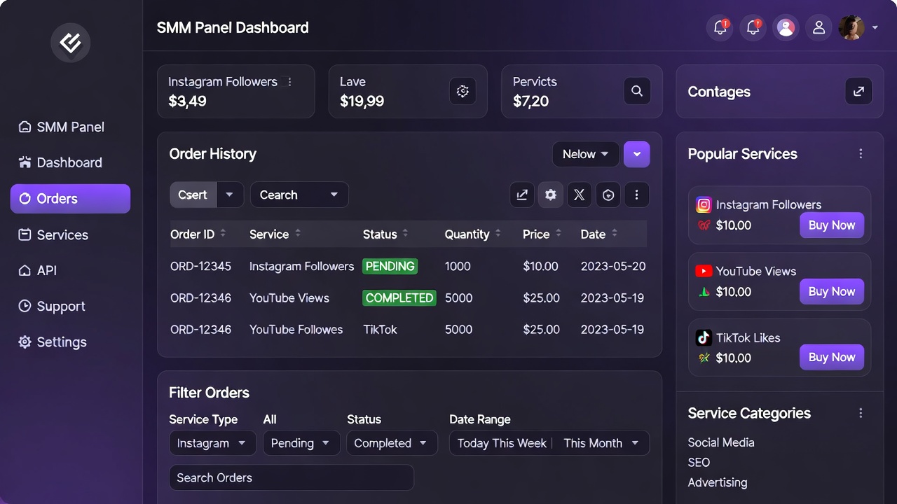 Modern SMM panel dashboard showing order history and service selection options