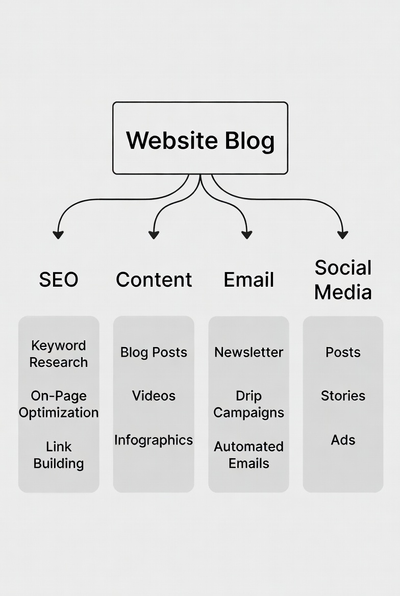 Diagram showing various digital marketing channels like SEO, Content, Email, and Social Media