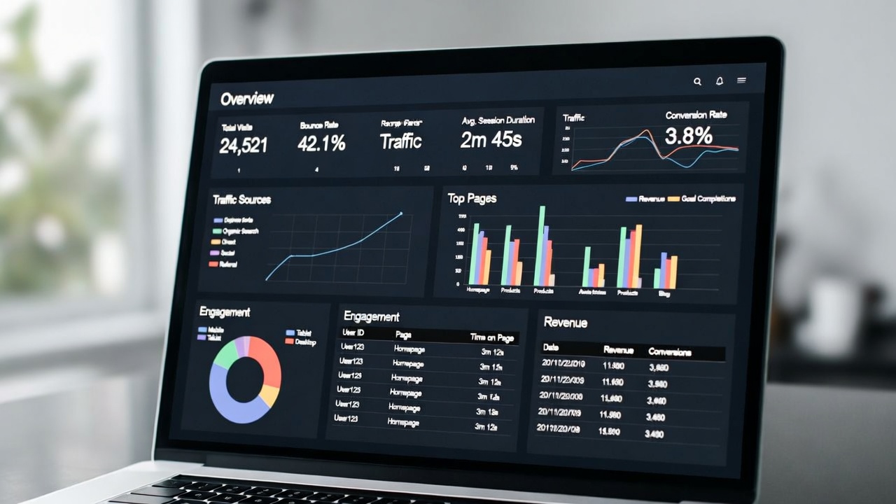لوحة تحكم التسويق الرقمي تظهر تحليلات ورسوم بيانية للنمو